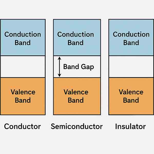 Diagram comparing the band structure of conductors, semiconductors, and insulators. Shows conduction and valence bands with labeled band gaps