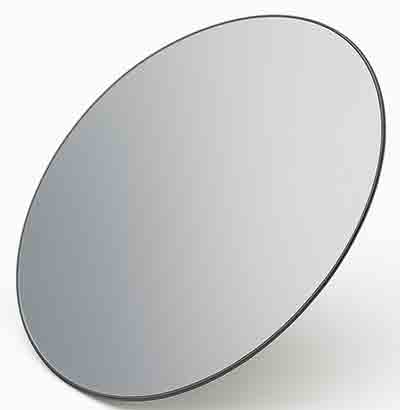 100mm bare silicon wafer angled on a white background with a polished mirror-like surface