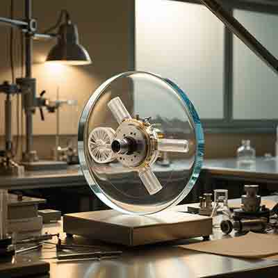 Biomedical Micro-Optical Device, showcasing the intricate micro-scale optical components mounted on a transparent glass substrate. The background emphasizes the high-tech and advanced nature of the device in a cleanroom environment.