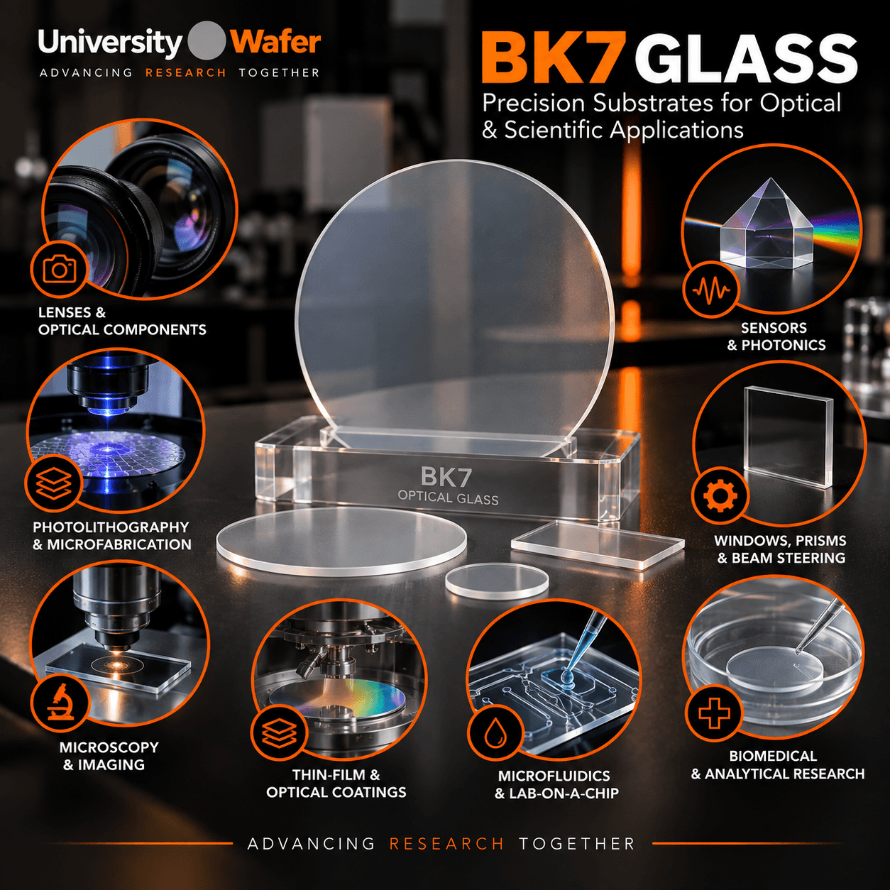 BK7 glass substrate applications for precision optics, photolithography, microscopy, thin-film coatings, microfluidics, sensors, photonics, and biomedical research