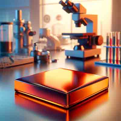 he detailed close-up shows the substrate's smooth, glossy surface with its characteristic orange-red hue, placed on a clean laboratory table with scientific instruments in the background. The setting highlights the high-tech and precise nature of optical materials research.