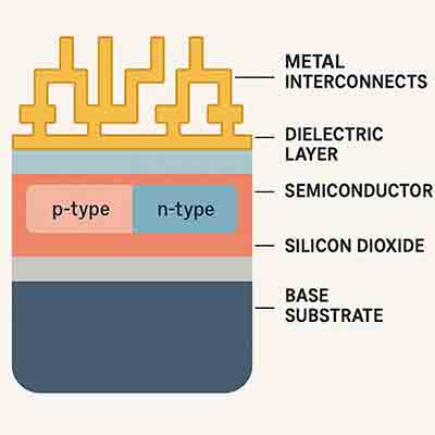Cross-sectional diagram of a computer chip showing labeled layers including silicon substrate, doped regions, silicon dioxide, dielectric layer, and metal interconnects.