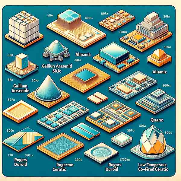 various substrates used for Coplanar Waveguides. Each section is labeled with the name of the substrate and visually represents the material, such as a silicon chip, a GaAs wafer, alumina ceramic, a quartz crystal, a Rogers Duroid board, an LTCC module, and a flexible polyimide film.