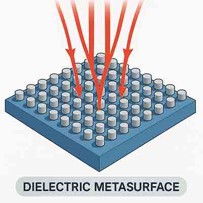Scientific illustration of a dielectric metasurface showing cylindrical nanostructures on a substrate bending and focusing incoming light waves