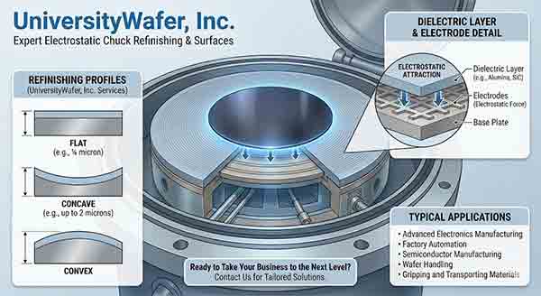 00mm Silicon Wafer placed on a grooved Electrostatic Chuck (ESC) surface inside a semiconductor plasma etch chamber