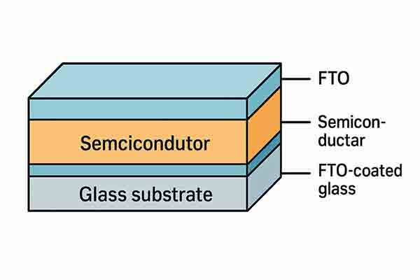 Layered structure diagram showing glass substrate, FTO-coated glass, semiconductor layer, and FTO layer used in semiconductor devices like solar cells