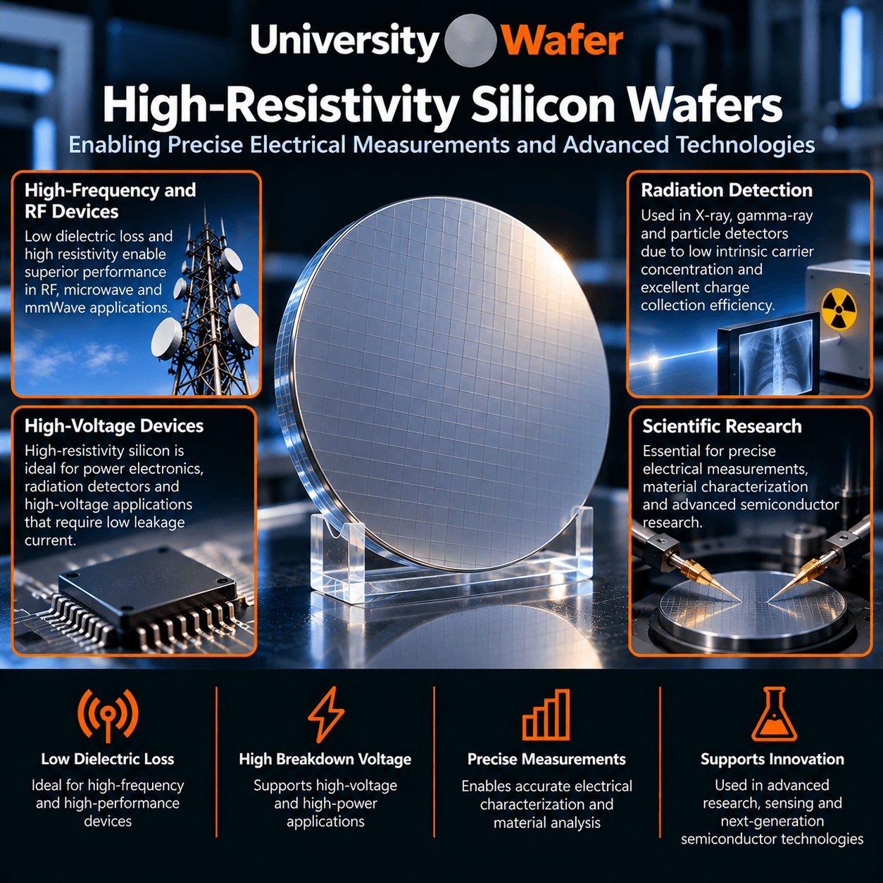 High-resistivity silicon wafer applications including RF and microwave devices, radiation detection, high-voltage devices, and semiconductor research