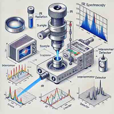  (IR) spectroscopy process, showing the FTIR spectrometer and the key components involved. The labeled diagram includes the IR source, sample, interferometer, detector, and a graphical representation of the resulting IR spectrum with peaks for different molecular vibrations.