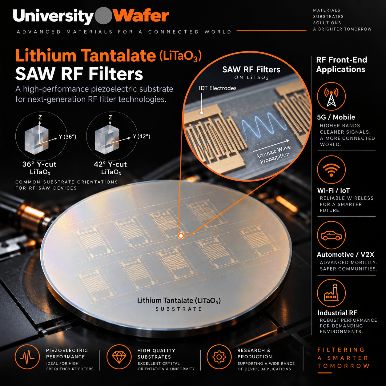 Lithium tantalate LiTaO3 substrate applications for SAW RF filters, 5G, Wi-Fi, IoT, automotive V2X and industrial RF devices