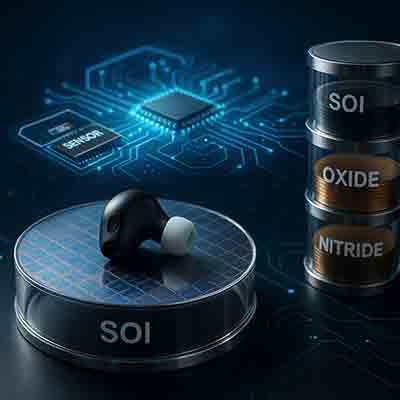 SOI, oxide, and nitride wafer stacks beside earbud and chips