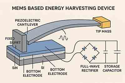 MEMS-based energy harvesting device cross-section with PZT layer, silicon dioxide, silicon substrate, electrodes, and tip mass