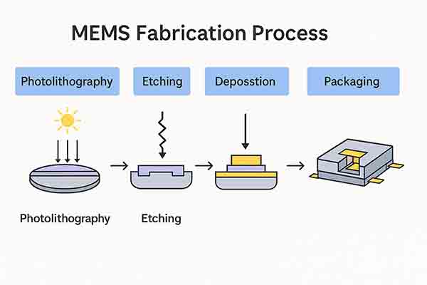 MEMS Fabrication Process Using Silicon Wafer for Micro-Electro-Mechanical Systems MEMS fabrication steps including photolithography, etching, deposition, and packaging on a silicon wafer