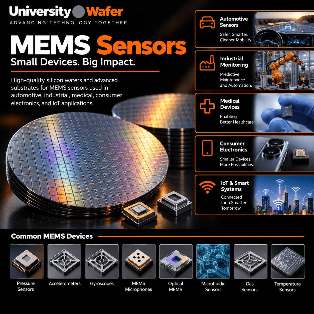 MEMS sensor applications including automotive systems, industrial monitoring, medical devices, consumer electronics, IoT, pressure sensors, accelerometers, and gyroscopes