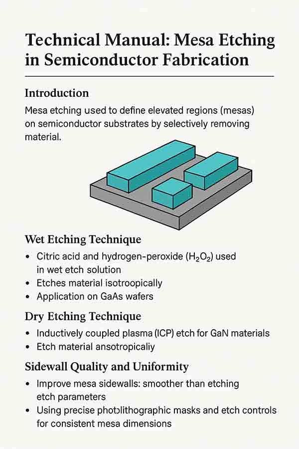 Illustration of mesa etching techniques showing elevated semiconductor regions defined by etching