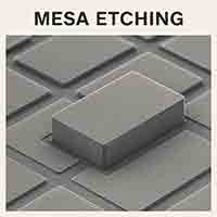 Close-up of a semiconductor wafer showing mesa etching with precisely defined raised rectangular microstructures