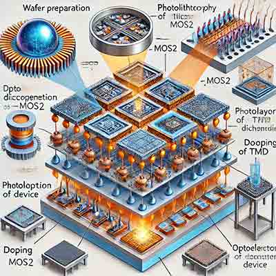 Fabrication process of an optoelectronic device using metal dichalcogenides (TMDs). It highlights the various steps involved, such as wafer preparation, material deposition, photolithography, etching, doping, and layering, with a focus on the TMD layer's role in the device's function.