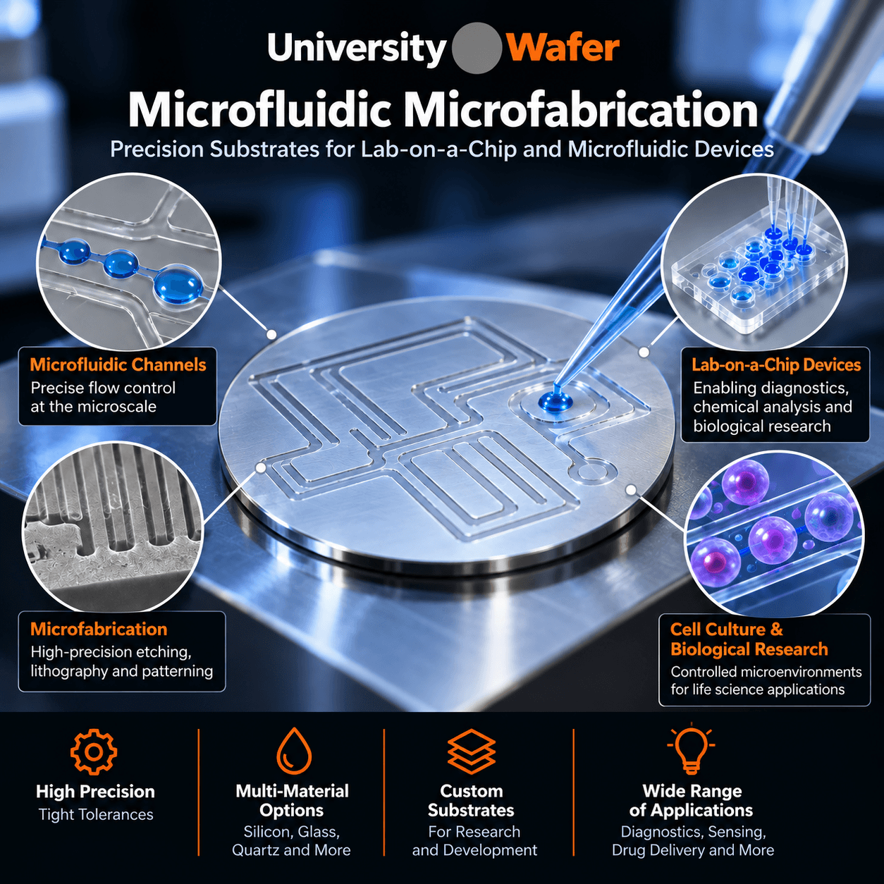 Microfluidic microfabrication substrate applications including lab-on-a-chip devices, microfluidic channels, cell culture, and precision microfabrication