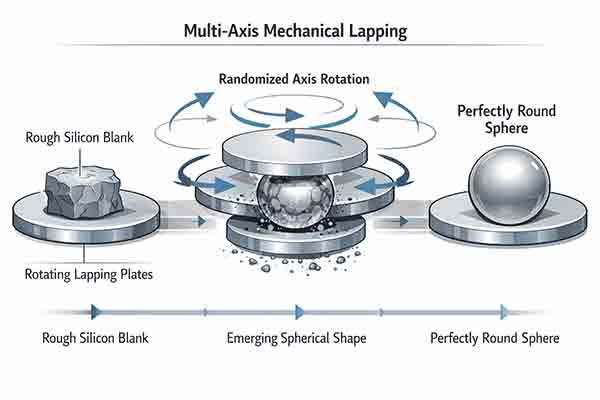 Multi-axis mechanical lapping process for fabricating high-precision silicon spheres with nanometer-scale roundness.