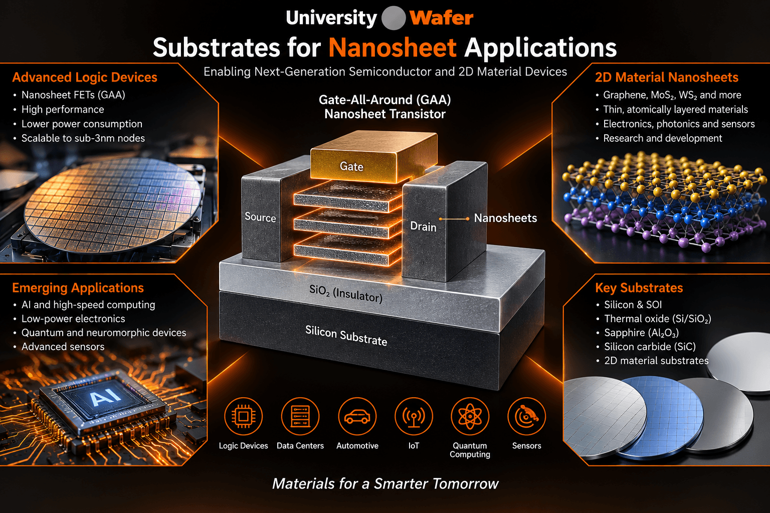 Nanosheet substrate applications including Gate-All-Around transistors, 2D materials, AI, quantum computing, sensors, silicon, SOI, sapphire, and silicon carbide
