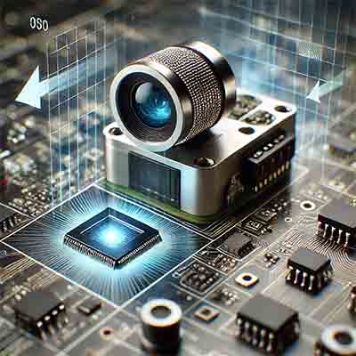 optical flow sensor showing a compact device with a small camera or photodetector array mounted on a circuit board, connected to a processing unit with visible circuitry and electronic components. The background includes visual elements indicating motion detection and analysis.