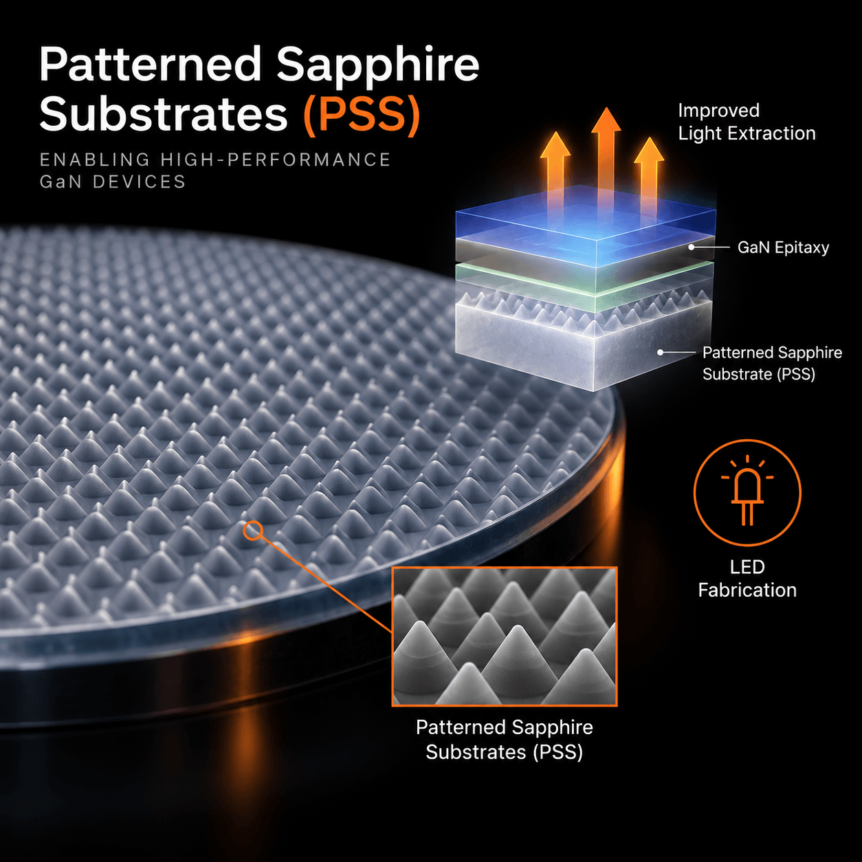 Patterned sapphire substrates (PSS) for GaN epitaxy, LED fabrication, and improved light extraction