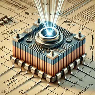 hotodiode, showing its structure and components, including the p-n junction and light absorption details