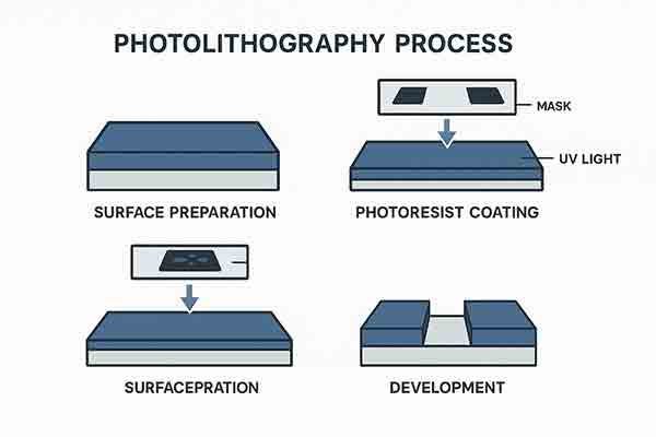 Flowchart of the photolithography process showing surface preparation, photoresist coating, UV exposure through a mask, and development