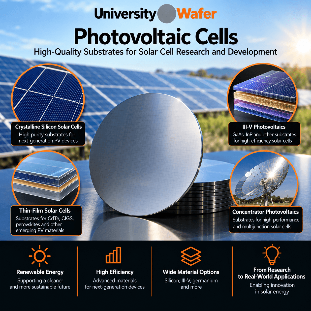 Photovoltaic cell substrate applications including crystalline silicon solar cells, III-V photovoltaics, thin-film solar cells, and concentrator photovoltaics