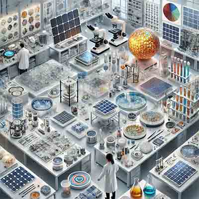 aboratory setup for photovoltaic research, featuring various types of substrates and solar cell materials. Researchers are actively working with advanced equipment and different substrates