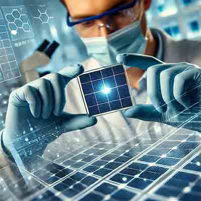 Researcher holding a monocrystalline silicon solar cell. The image captures the precision and advanced technology involved in photovoltaic research. If you need any further modifications or details, feel free to let me know!