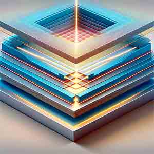 Here is an illustration of a planar waveguide. It shows a cross-sectional view with the three-layer structure: the core layer is highlighted in a different color, illustrating its higher refractive index compared to the cladding layers. The depiction also includes light rays or electromagnetic waves within the core layer, demonstrating the principle of total internal reflection.