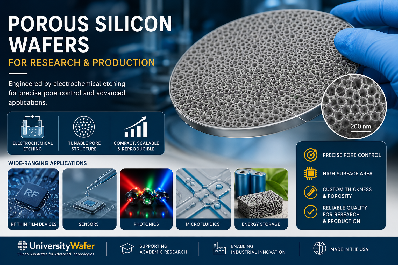 Porous silicon wafer with electrochemically etched nanoporous surface for photonics, RF devices, biosensors, and thin-film research
