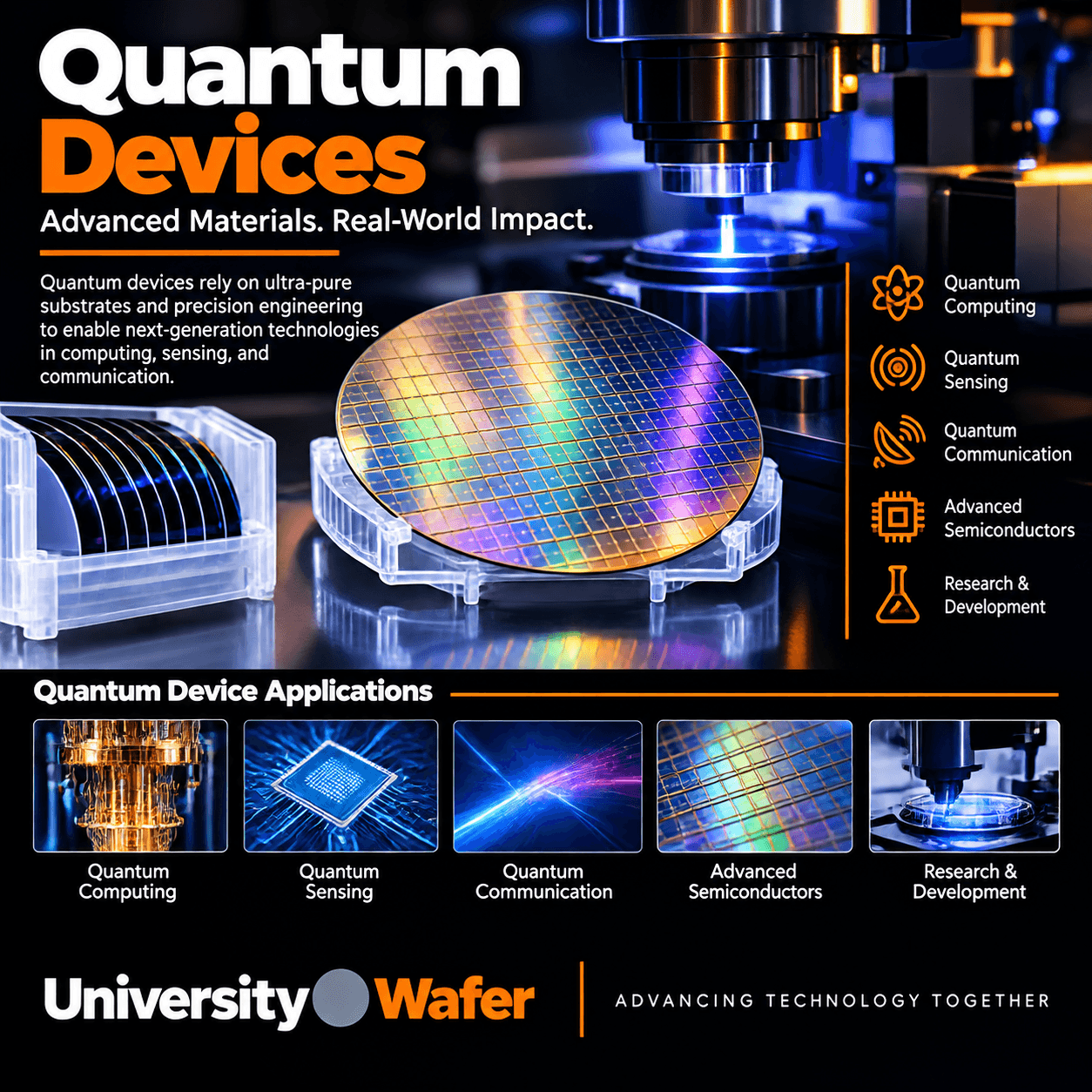Quantum device applications including quantum computing, quantum sensing, quantum communication, advanced semiconductors, and research and development
