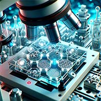 A laboratory setup where quantum material samples are placed on a slide under a microscope, revealing their distinctive structure.