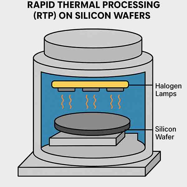Rapid Thermal Processing (RTP) chamber with halogen lamps heating a silicon wafer