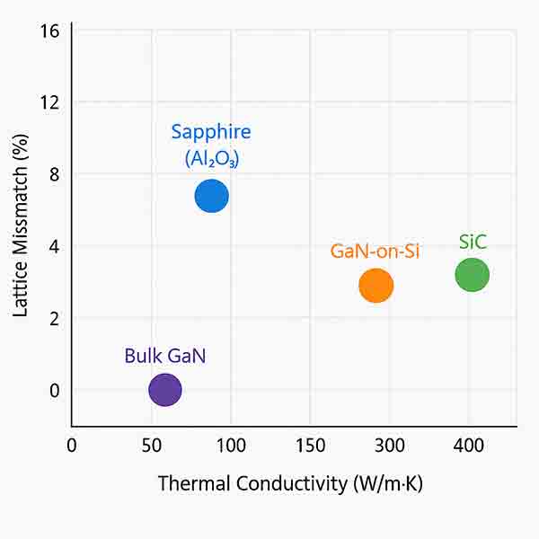 Comparison chart showing lattice mismatch versus thermal conductivity for sapphire, SiC, GaN-on-Si, and bulk GaN substrates used in LED sensors