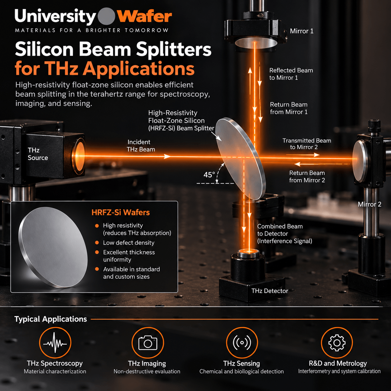 High-resistivity float-zone silicon beam splitter for THz spectroscopy, imaging, sensing, and Michelson interferometry