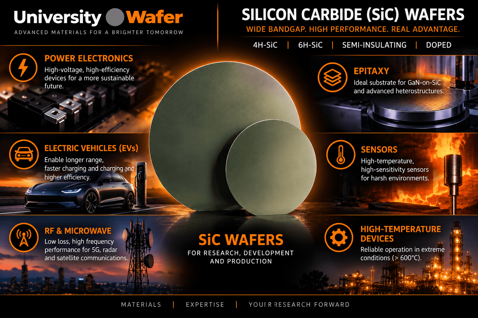 4H and 6H silicon carbide wafer applications for power electronics, electric vehicles, RF and microwave devices, epitaxy, sensors and high-temperature devices