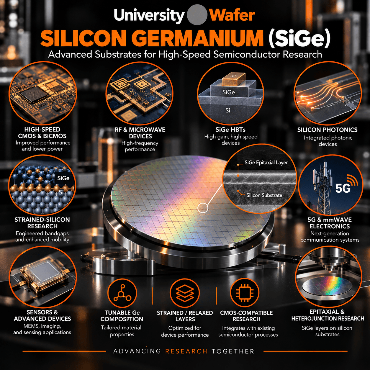 Silicon germanium SiGe substrate applications for high-speed CMOS, BiCMOS, RF and microwave devices, SiGe HBTs, silicon photonics, 5G, sensors, and heterojunction research