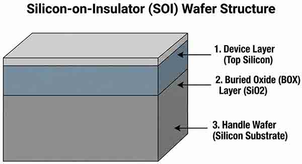 Cross-section diagram of a Silicon-on-Insulator (SOI) wafer showing the three layers: Device Layer (Top Silicon), Buried Oxide (BOX) Layer, and Handle Wafer (Silicon Substrate).