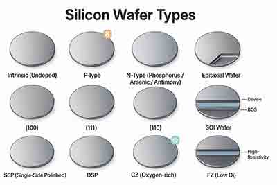 silicon wafer types: intrinsic, p-type (B), n-type (P/As/Sb), epitaxial, orientations (100/111/110), SOI, SSP, DSP, CZ (oxygen-rich), FZ (low-oxygen)
