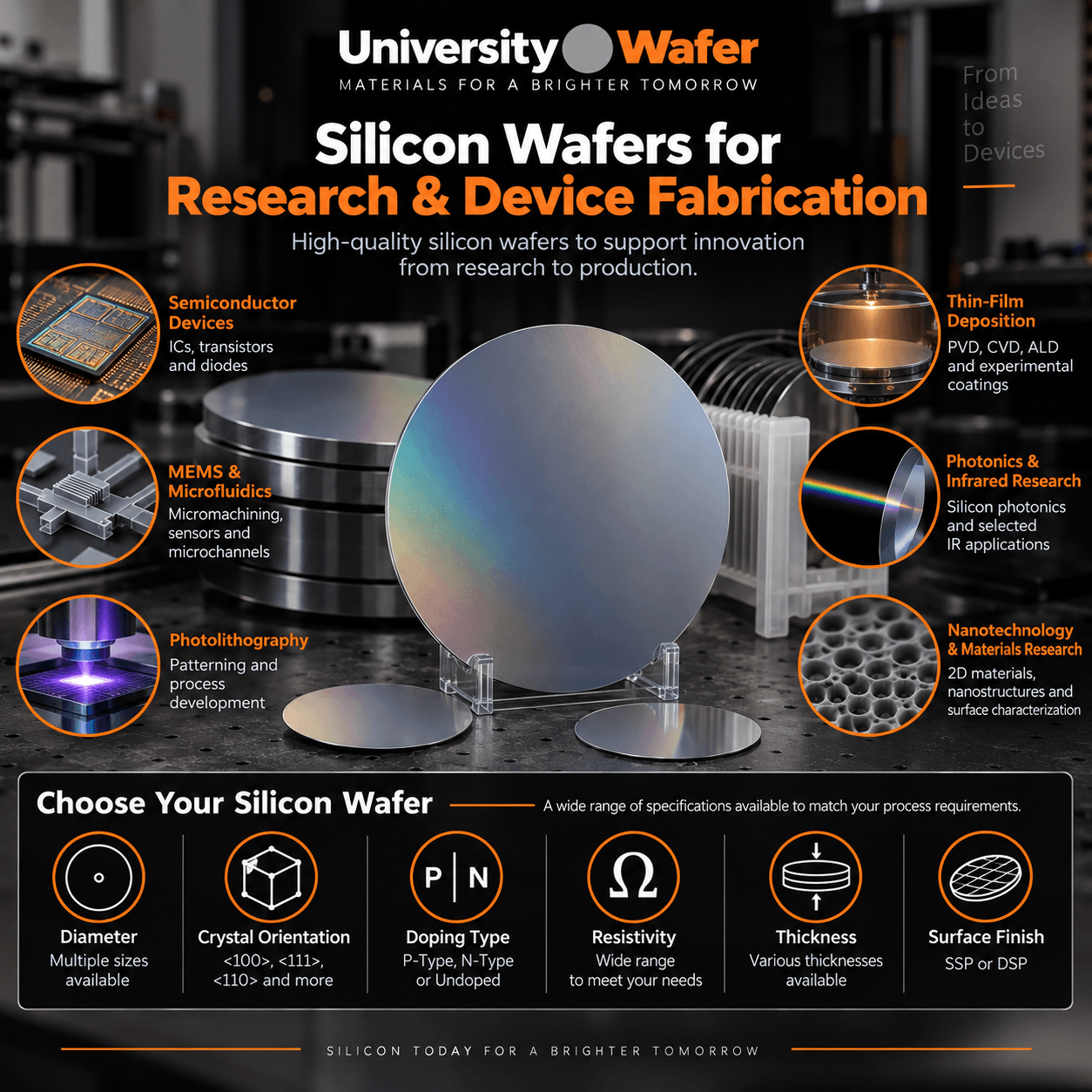 Silicon wafer applications for semiconductor devices, MEMS, photolithography, thin-film deposition, photonics, and nanotechnology research