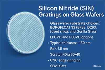 Silicon Nitride (SiN) gratings on glass wafers including BF33, D263, fused silica, and Gorilla Glass with LPCVD and PECVD deposition options, 150 nm films, low roughness, and SEMI flat specifications