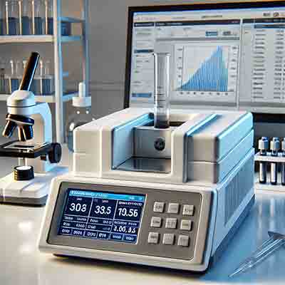  laboratory spectrophotometer. It displays the device on a lab bench, surrounded by related equipment, ready for scientific analysis