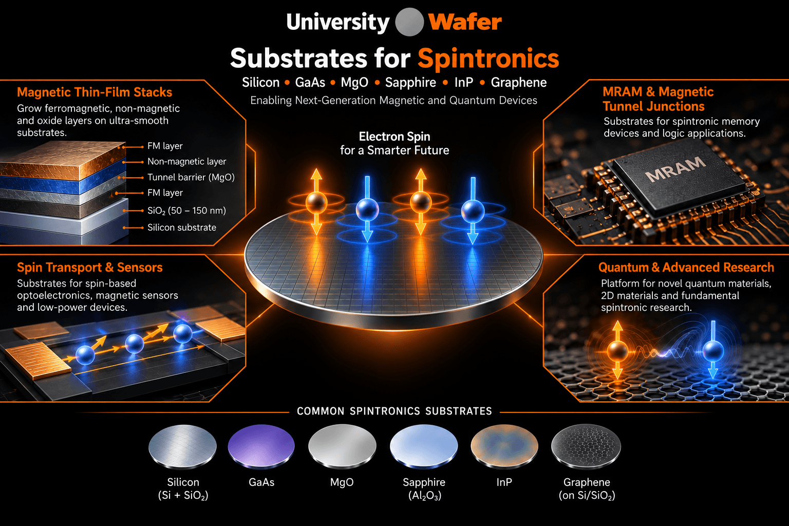 Spintronics substrate applications including magnetic thin-film stacks, MRAM, spin transport sensors, quantum research, silicon, GaAs, MgO, sapphire, InP, and graphene