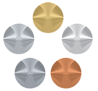 Five brushed-metal sputtering targets arranged in a circular pattern (gold, silver, copper tones)