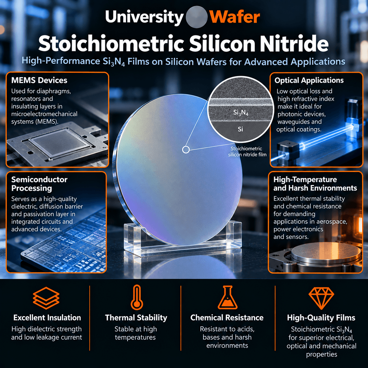 Stoichiometric silicon nitride Si3N4 on silicon wafer applications including MEMS, photonics, semiconductor processing, and high-temperature research