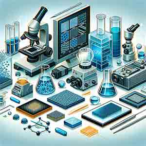 various types of substrates used in planar waveguides. It includes materials like glass, silicon, and polymers, each labeled accordingly, in a laboratory or research setting. 