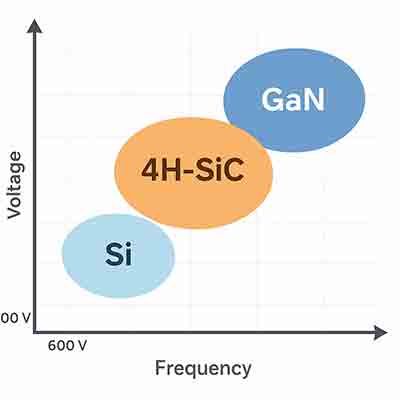 Silicon, GaN, and 4H-SiC in power electronics by voltage and frequency range.