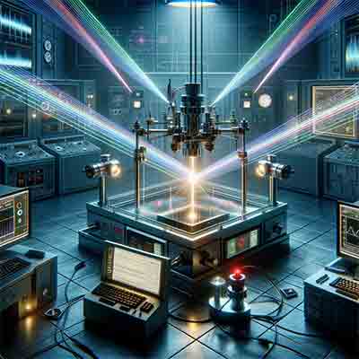 laboratory setting where an experiment on sum frequency generation (SFG) is taking place. It showcases the process of two lasers emitting beams of different frequencies towards a sample material, resulting in the generation of a third beam of light that is the sum of the initial frequencies. This visualization captures the essence of the SFG process along with the scientific equipment involved in the experiment.